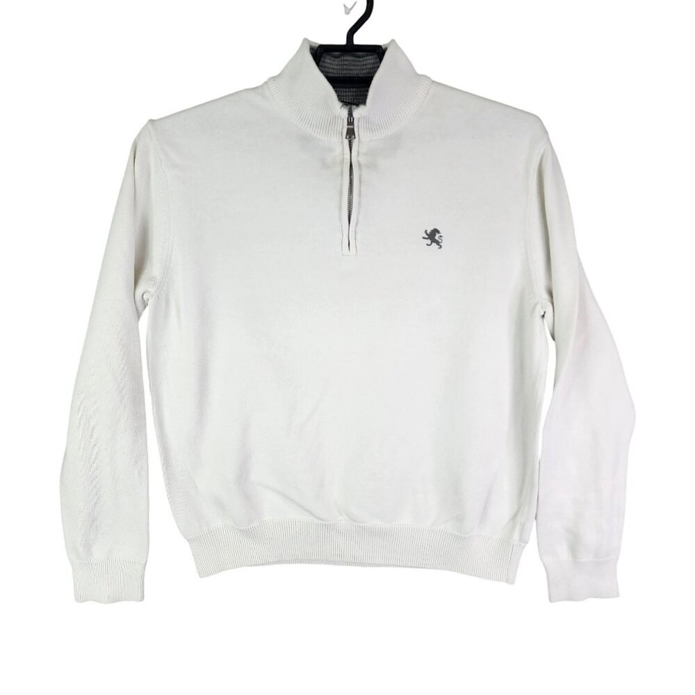 Mens White Express Pullover Sweater 1/4 Zip Long Sleeve Mock Neck Cotton Size L